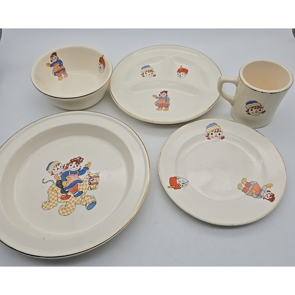 Vtg 1940's Iva Lure Crooksville Raggedy Ann and Andy Dish Set Of 5 USA HTF Rare
